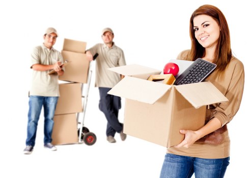 Professional moving team loading boxes into a van